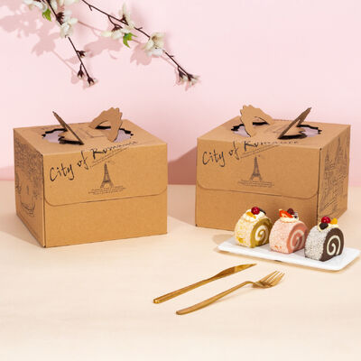 Buy Kraft Paper Cake Box Single Layer Disposable Birthday Packaging 4 14 Inch Sizes Handle Carry Design City Skyline Pattern Eco Friendly Bakery Box online manufacture