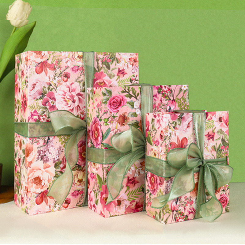 Floral Rigid Gift Box Hinged Cosmetic Paper Packaging Box Pink With Sage Green Ribbon