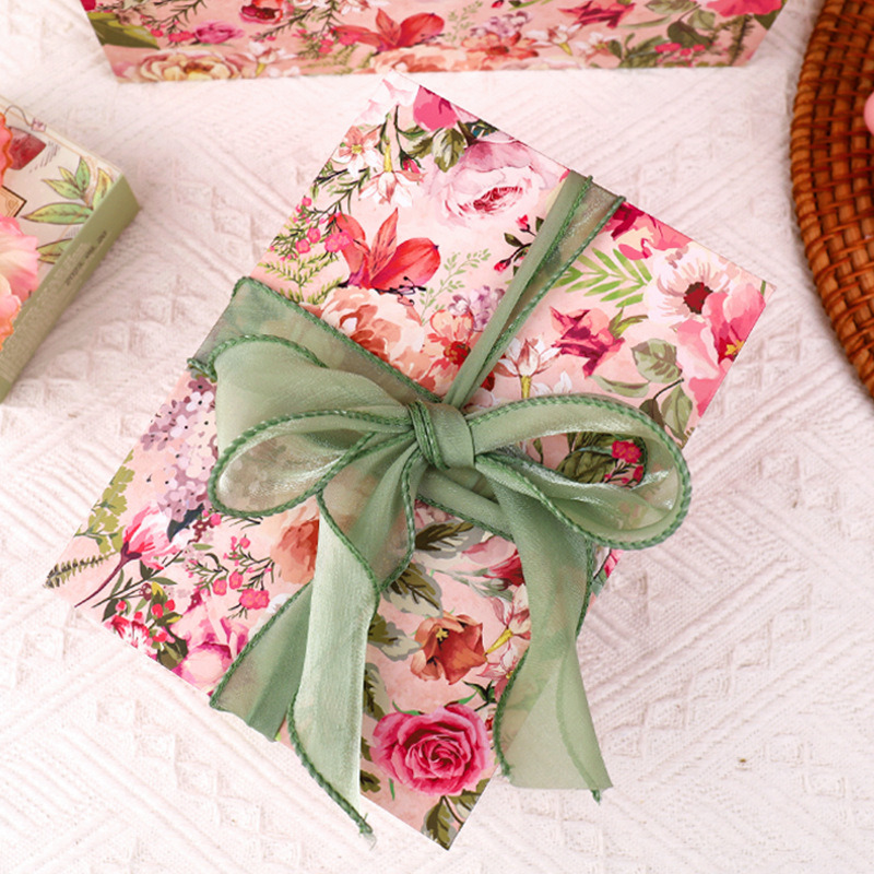 Floral Rigid Gift Box Hinged Cosmetic Paper Packaging Box Pink With Sage Green Ribbon