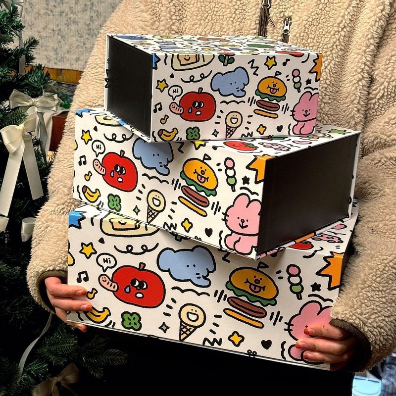 Playful Cartoon Magnetic Gift Box Multi Color Hand Drawn Keepsake Packaging