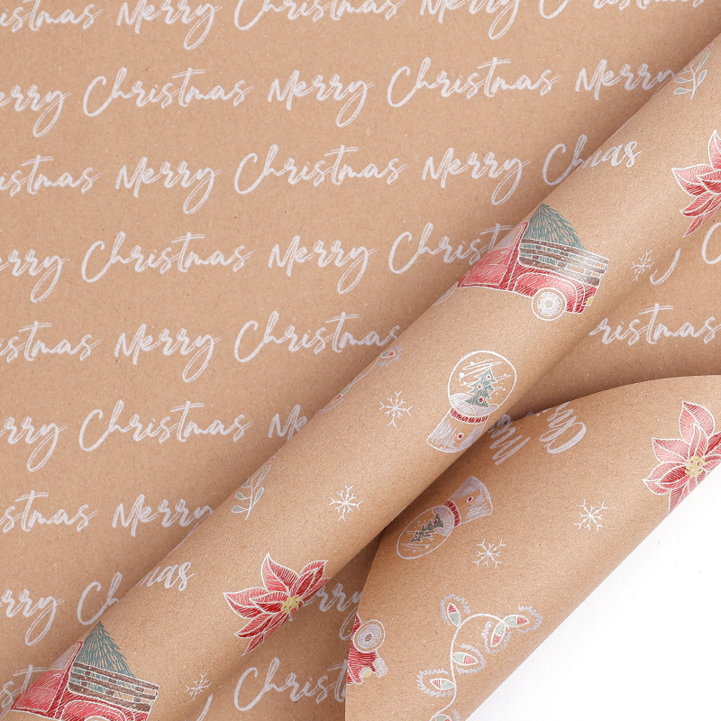 Vintage Kraft Christmas Wrap Double Sided Printed Gift Paper Roll Eco Friendly Recycled Material Merry Christmas Text Festive Patterns