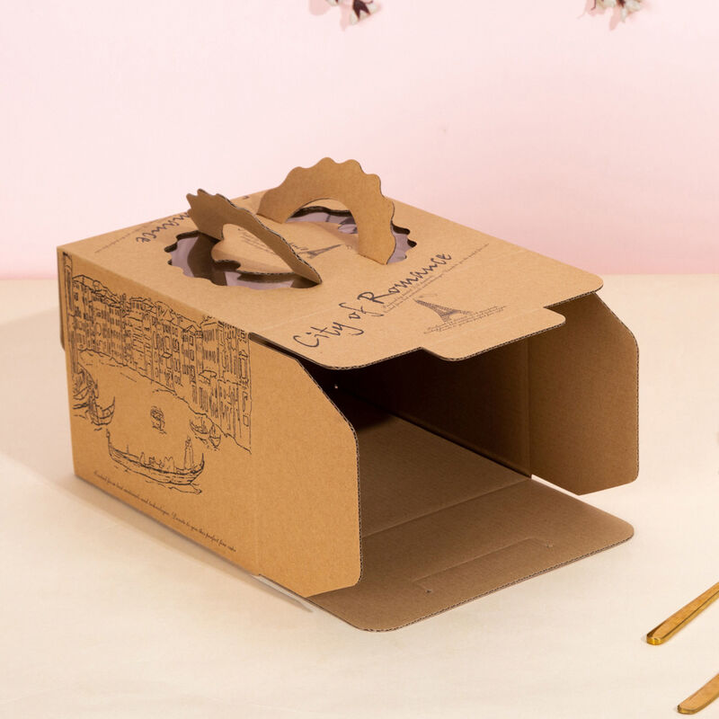 Kraft Paper Cake Box Single Layer Disposable Birthday Packaging 4 14 Inch Sizes Handle Carry Design City Skyline Pattern Eco Friendly Bakery Box
