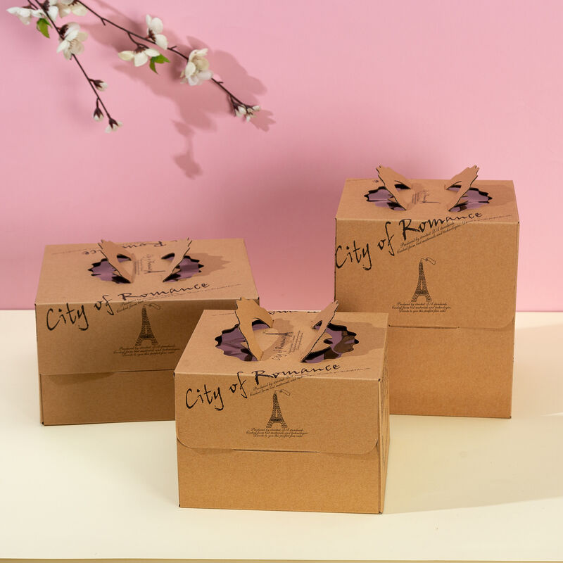 Kraft Paper Cake Box Single Layer Disposable Birthday Packaging 4 14 Inch Sizes Handle Carry Design City Skyline Pattern Eco Friendly Bakery Box