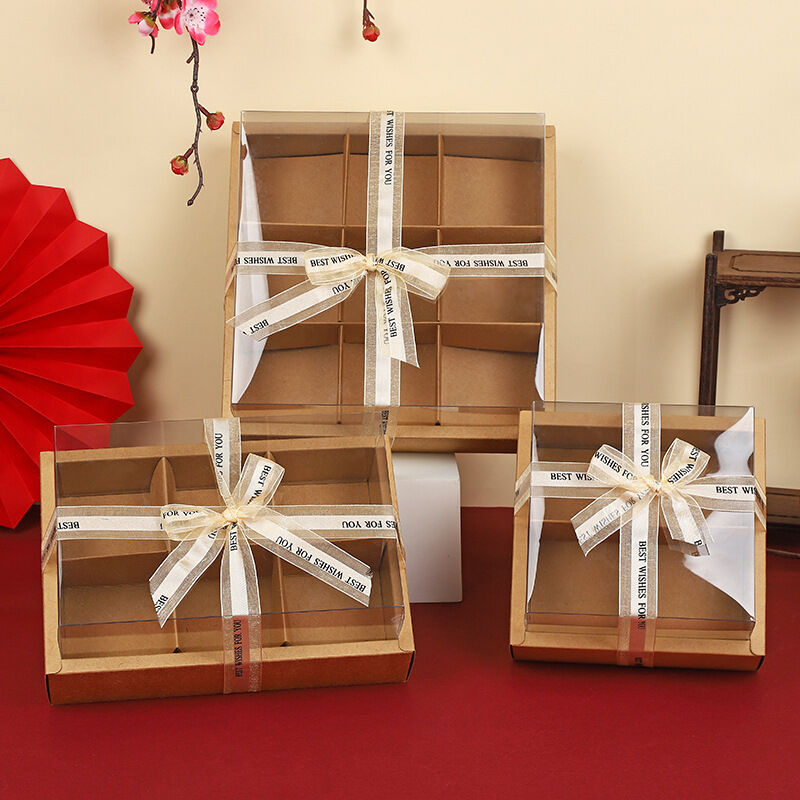 Premium Kraft Paper Transparent Window Packaging 9 Cell Baking Gift Box Set 6 Cell Donut Display Box