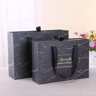 Custom Gold Foil Logo Black Marble Gift Box & Bag Set – Drawer-Style Packaging For Apparel & Premium Gifts (UV Print Options)